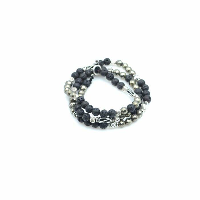 Bracelet triple tours en pierre de lave et pyrite