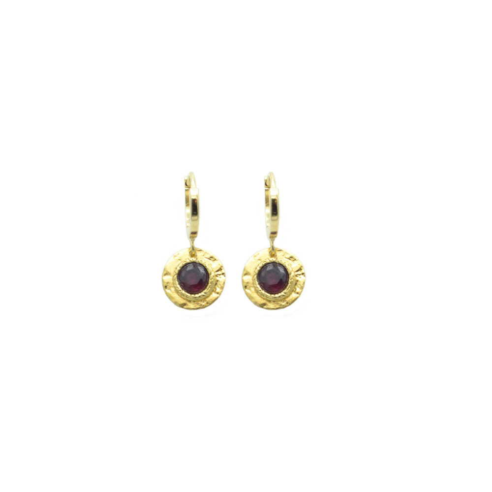 Boucles d'oreilles plaque ronde martelée ornée d'une pierre