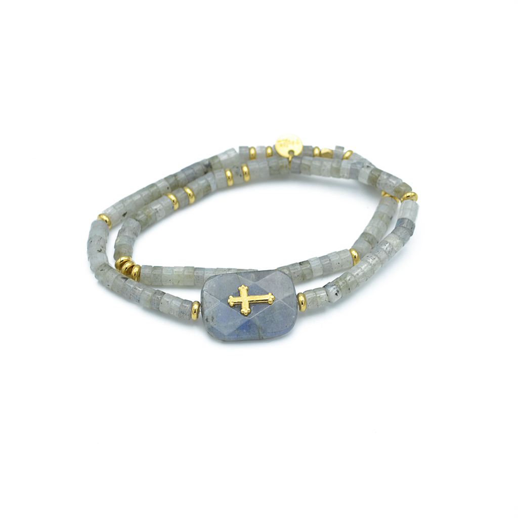 Bracelet double tours élastique perlé orné d'une labradorite