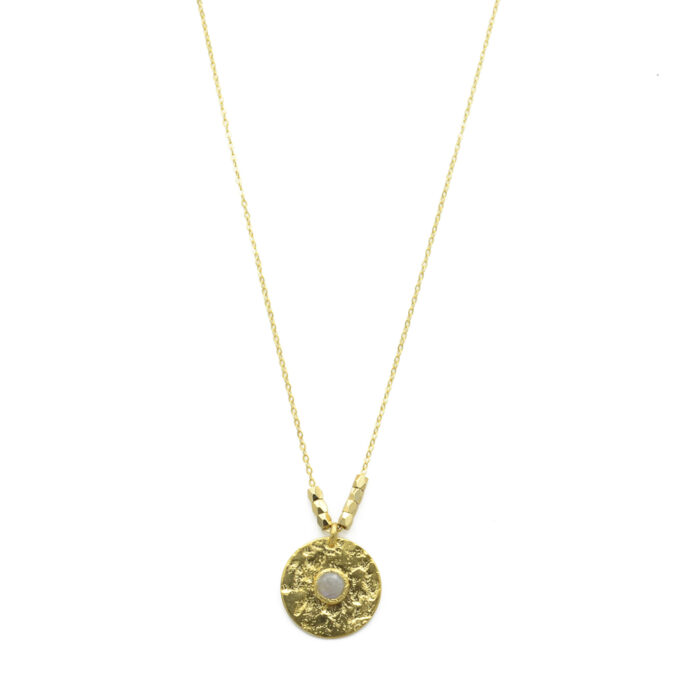 Collier plaque ronde martelée ornée d'une pierre - Pierre de Lune