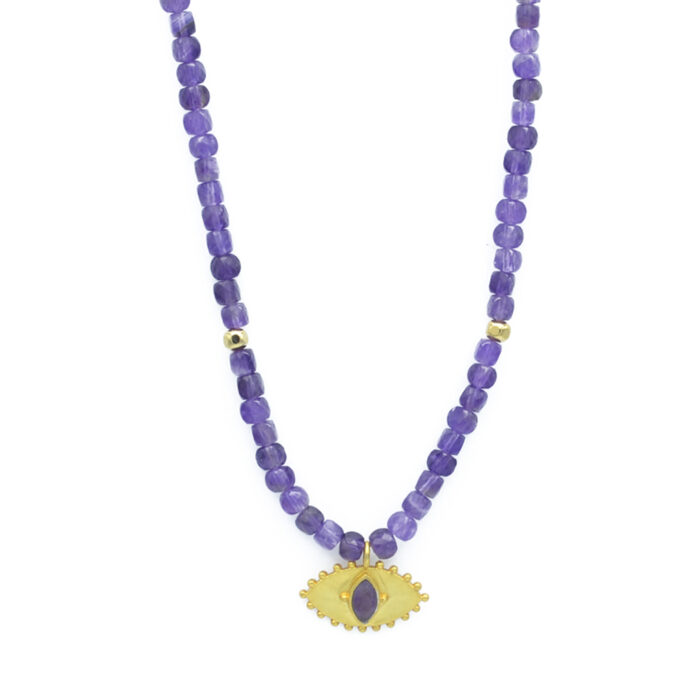 Sautoir perlé pendentif oeil – Améthyste