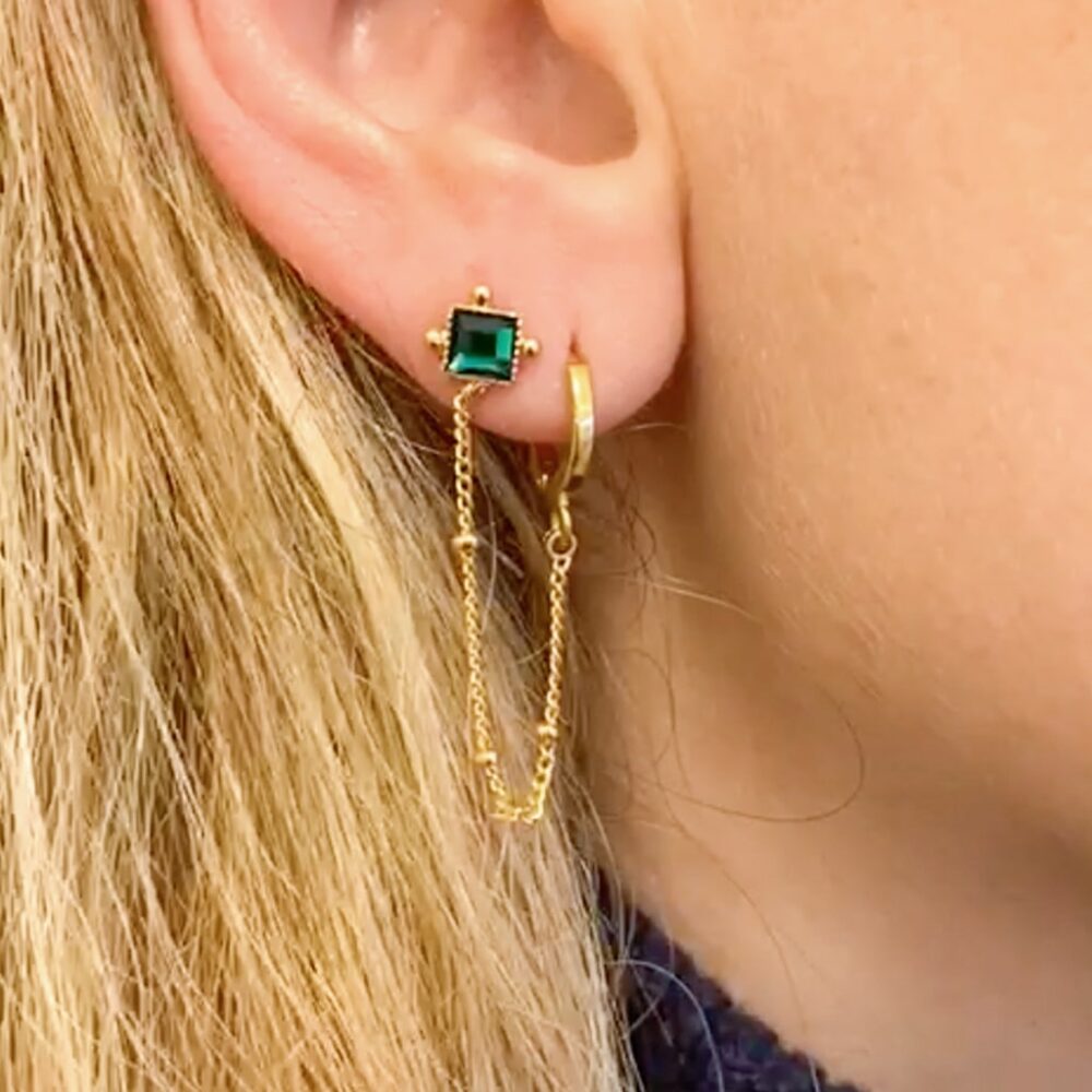 Boucle d'oreille deux trous chaine et cristal – Image 2