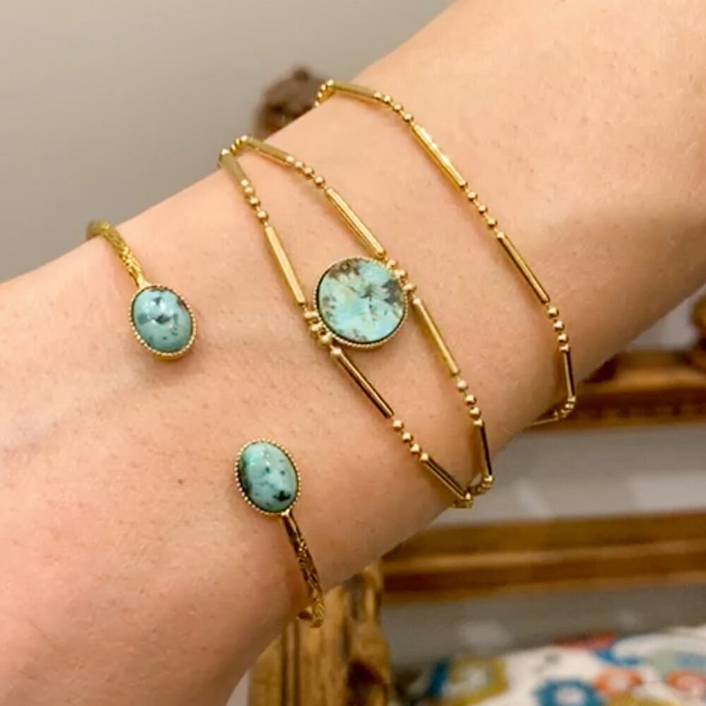Bracelet double chaîne billes et tubes orné d'un Jaspe africain – Image 3