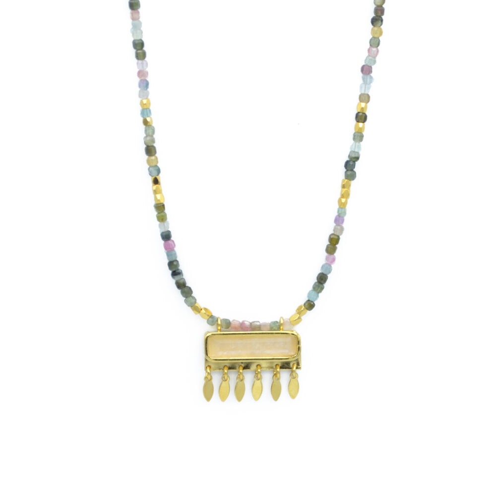 collier perles pendentif rectangle empierré – Image 3